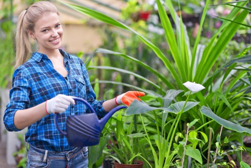 Team member preparing tools outside a hedge in Battersea